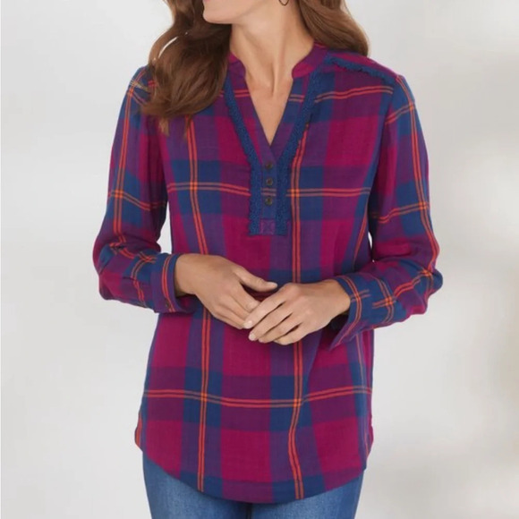 Soft Surroundings Tops - Soft Surroundings Ellesmere Plaid Flannel Top Burgundy Blue Purple Orange Size M